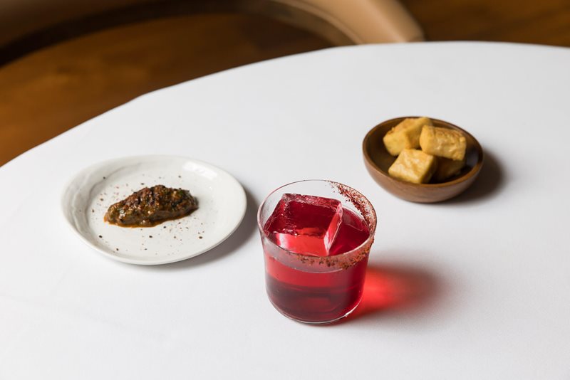 Rosella Cocktail with Beef Tartare or Eggplant Tapenade